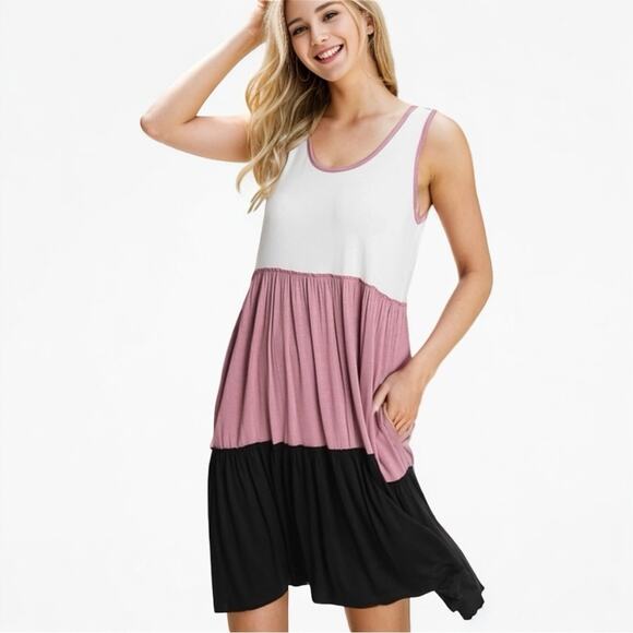 Color Block Sleeveless Swing Tank Midi Dress with Side Pockets - Picture 2 of 8